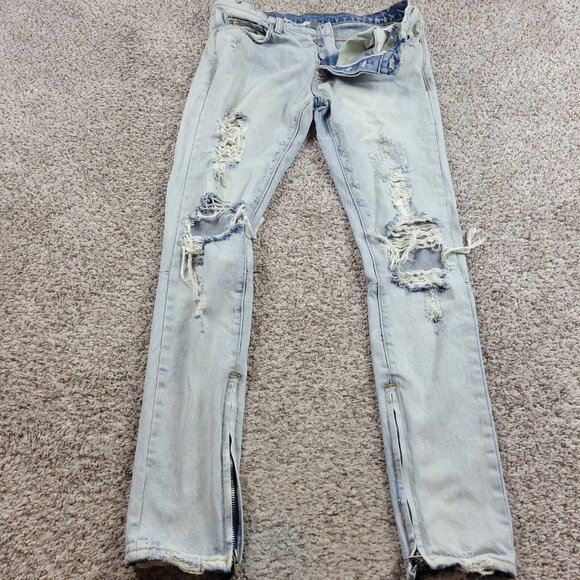 MNML Jeans Mens 31x33 Blue Denim Distressed Skater Button Fly Moto Ankle Zip - Picture 1 of 7